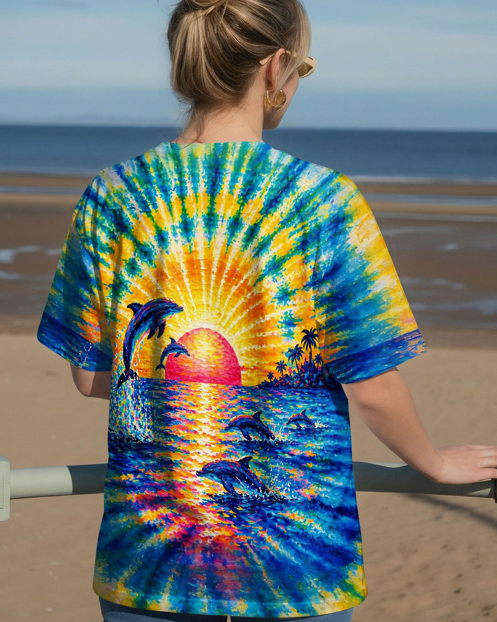 DOLPHINS JUMPING  SUNSET WATERCOLOR PATTERN ALL OVER PRINT - TLTW0505262