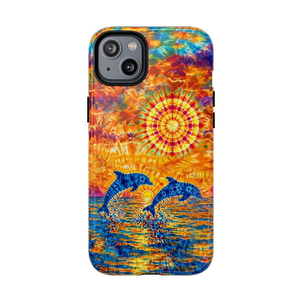 TWO DOLPHINS SUNSET WATERCOLOR PATTERN MAGNETIC PHONE CASE   - TLHN1205264
