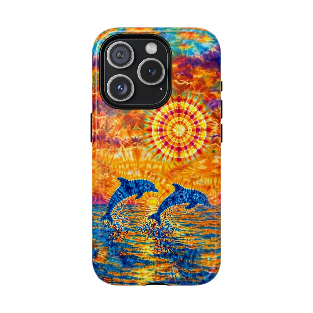 TWO DOLPHINS SUNSET WATERCOLOR PATTERN MAGNETIC PHONE CASE   - TLHN1205264