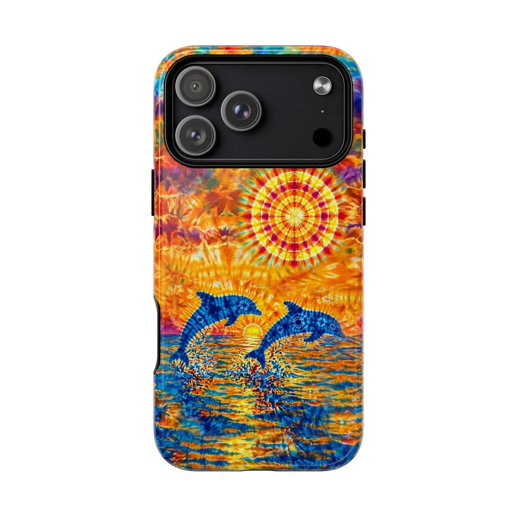 TWO DOLPHINS SUNSET WATERCOLOR PATTERN MAGNETIC PHONE CASE   - TLHN1205264