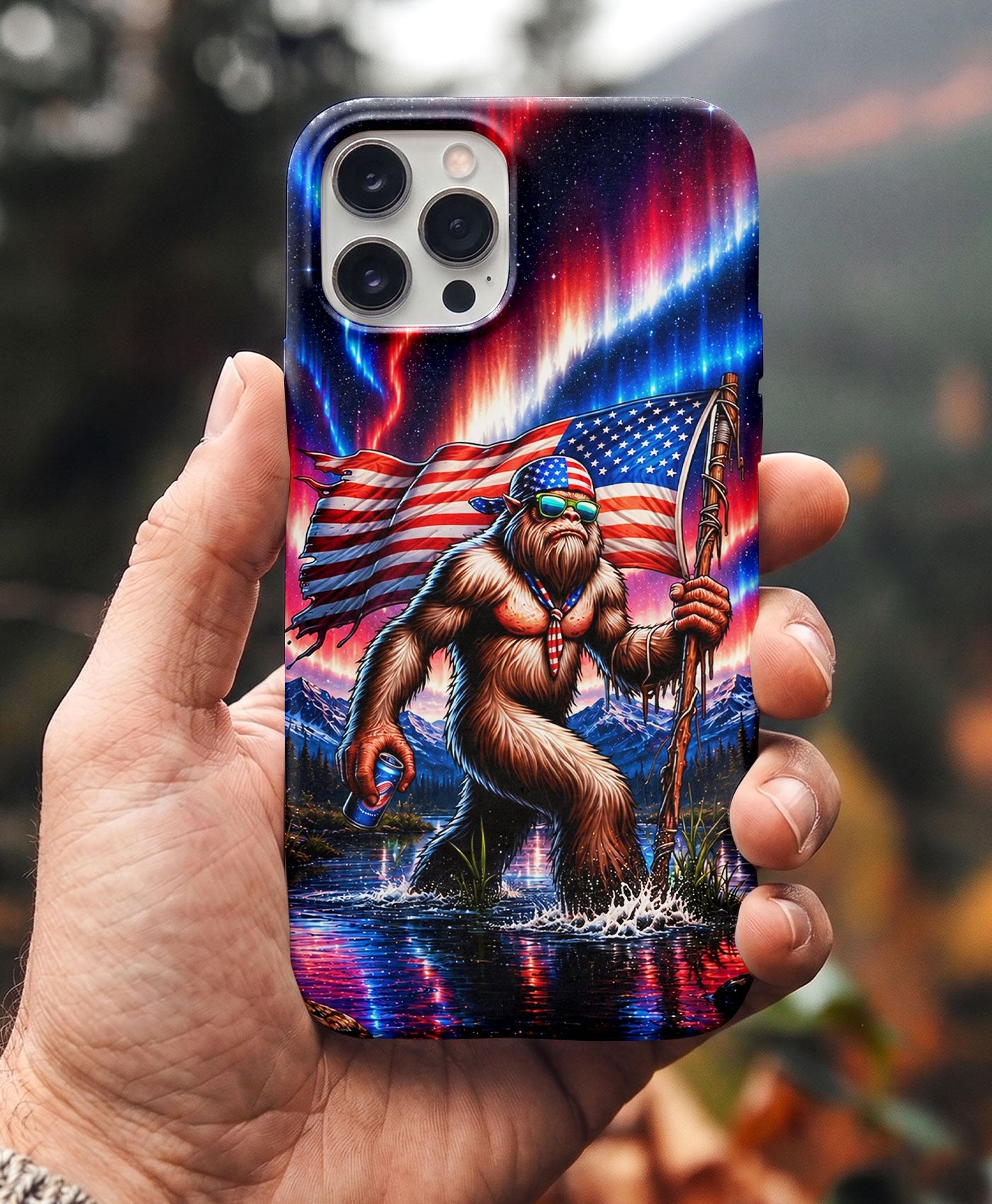 BIGFOOT UNDER RED WHITE & BLUE AURORA PHONE CASE  - TLHN0306264