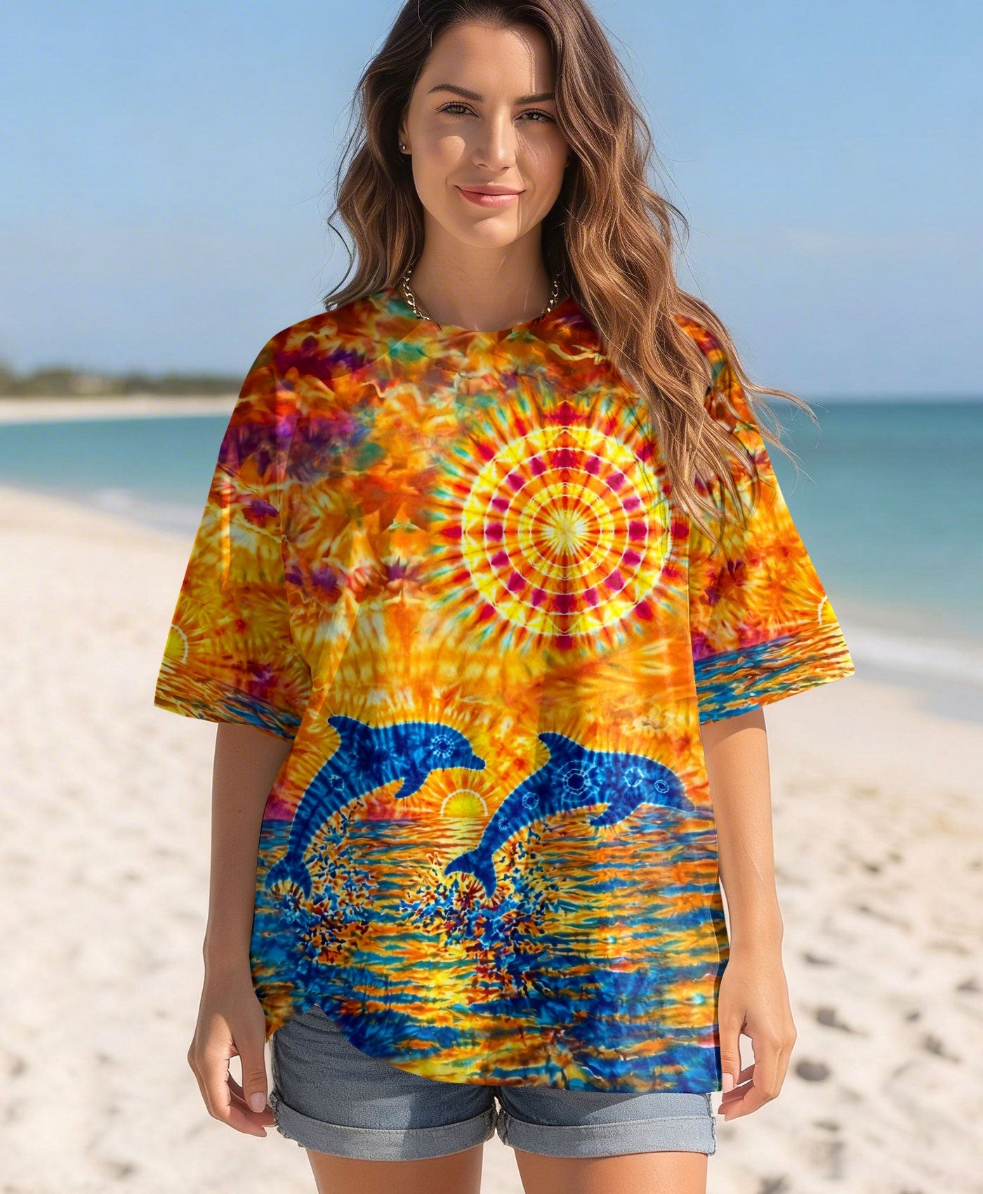 TWO DOLPHINS SUNSET WATERCOLOR PATTERN ALL OVER PRINT  - TLHN2304262