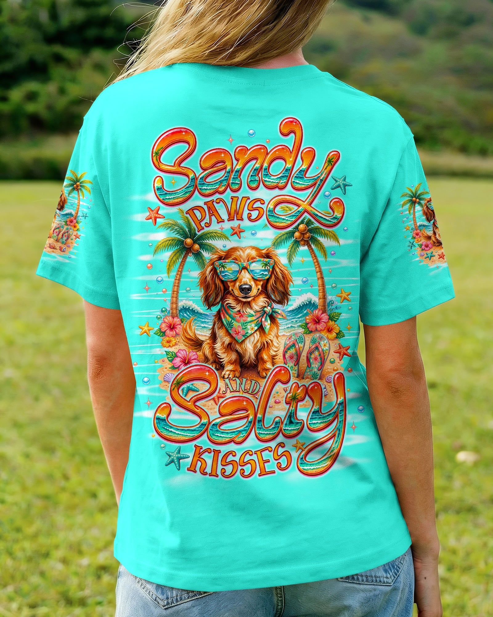 SANDY PAWS AND SALTY KISSES LONG-HAIRED DACHSHUND DOG ALL OVER PRINT  - TLNO0206261