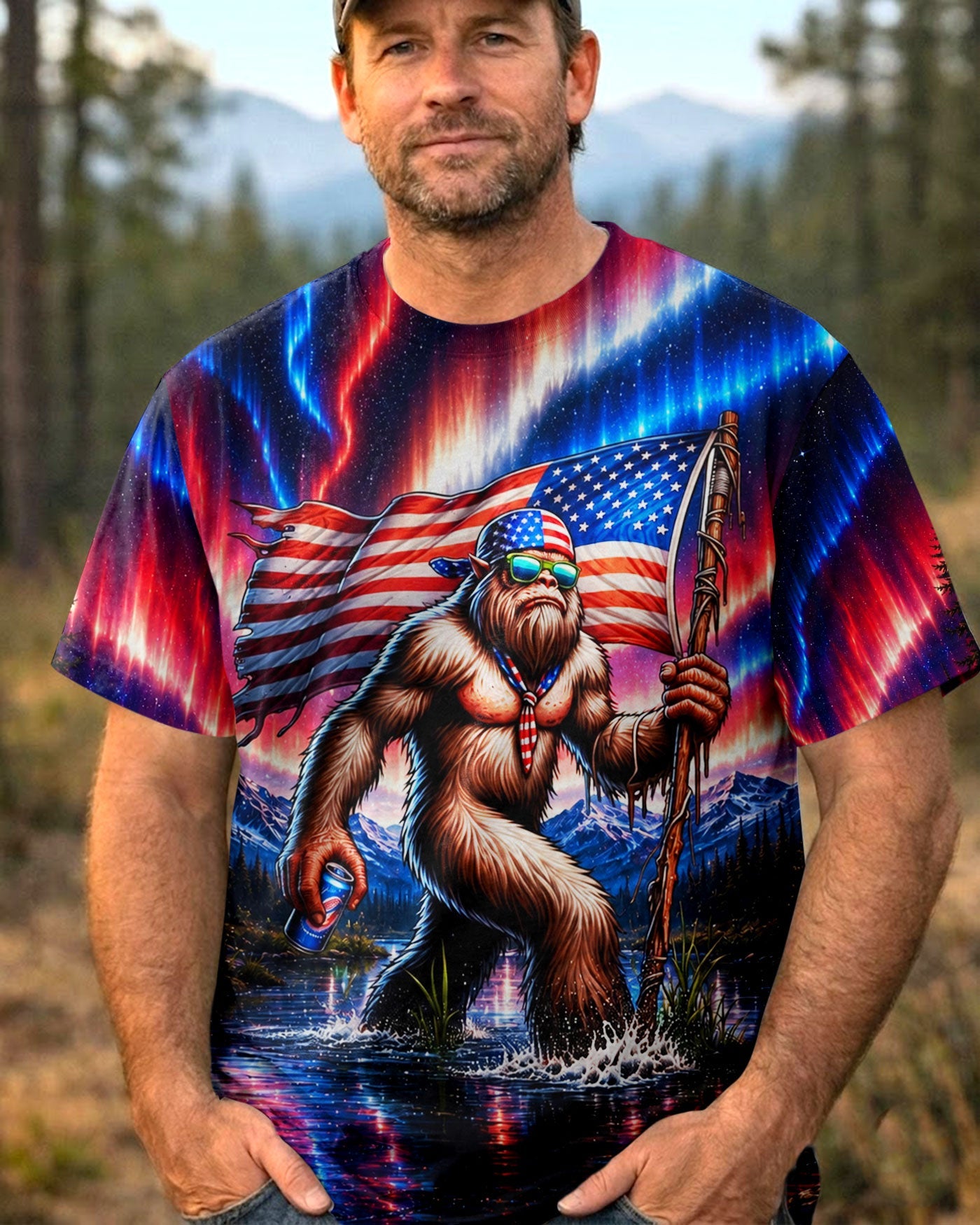 BIGFOOT UNDER RED WHITE & BLUE AURORA ALL OVER PRINT  - TLHN0106262