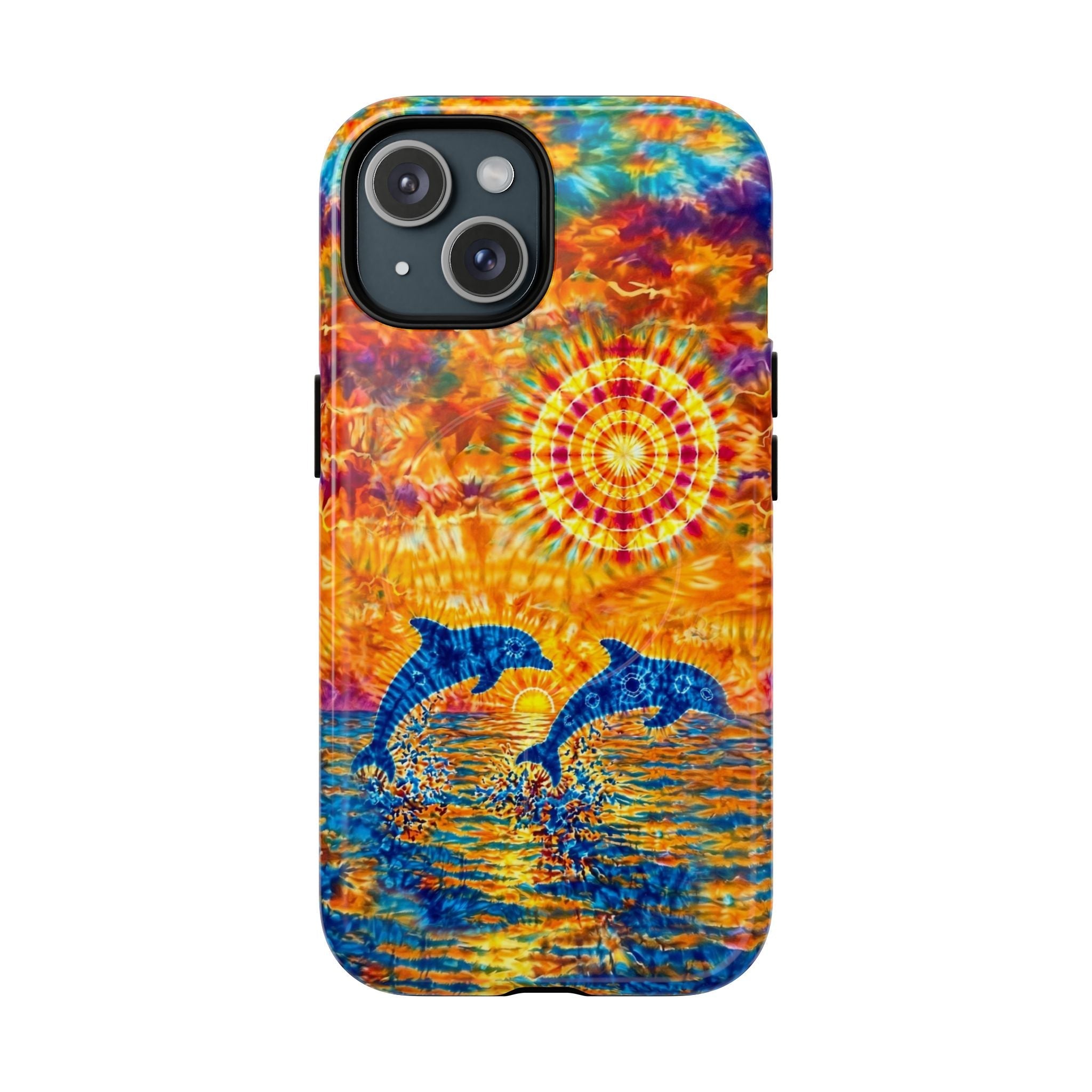 TWO DOLPHINS SUNSET WATERCOLOR PATTERN MAGNETIC PHONE CASE   - TLHN1205264