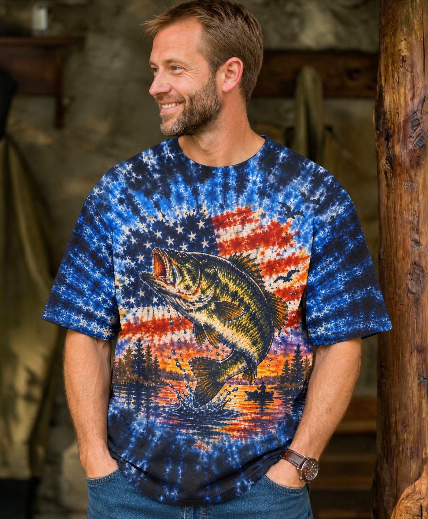 SUNSET FISHING STARS & STRIPES PATTERN ALL OVER PRINT - TLHN0106263
