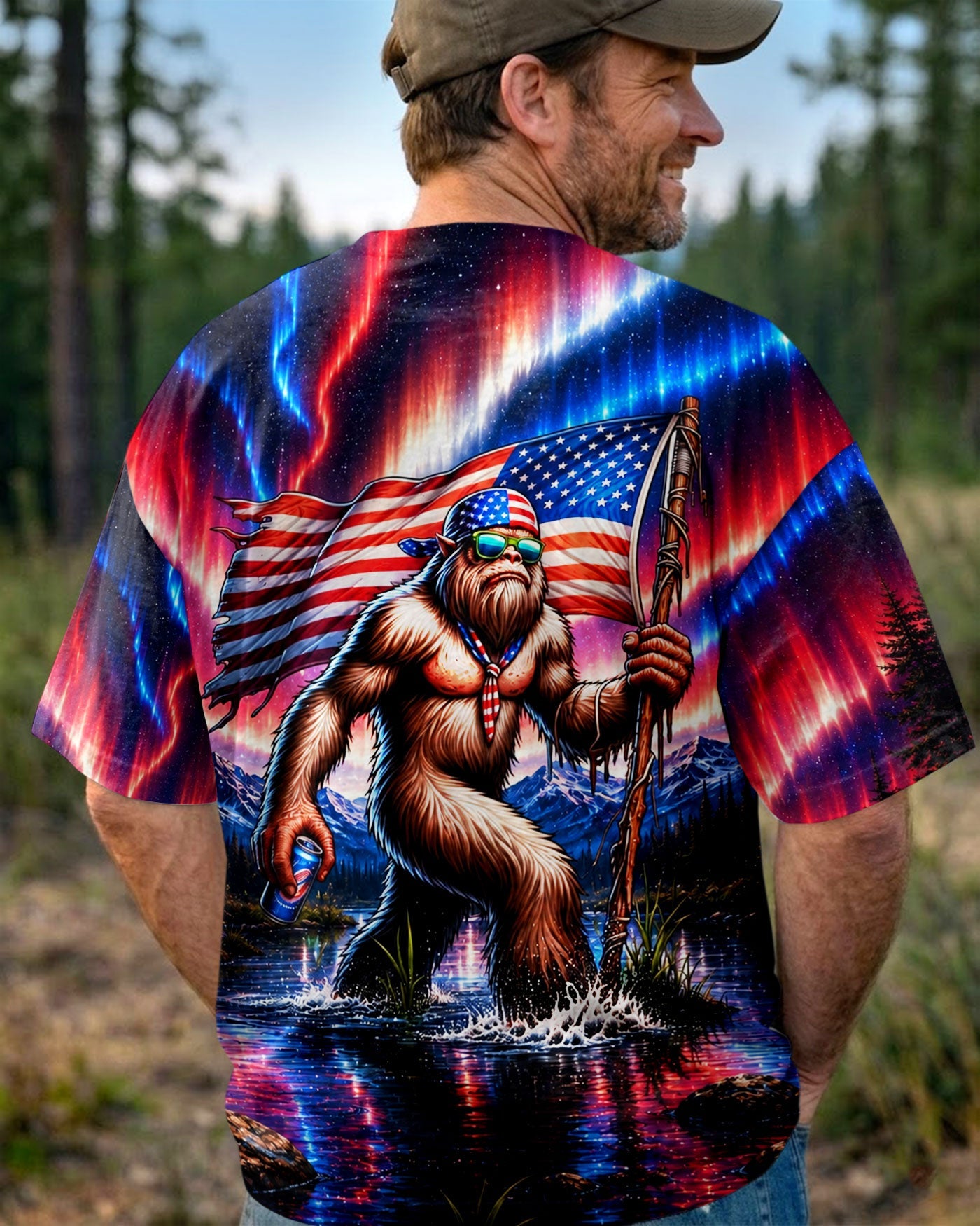 BIGFOOT UNDER RED WHITE & BLUE AURORA ALL OVER PRINT  - TLHN0106262