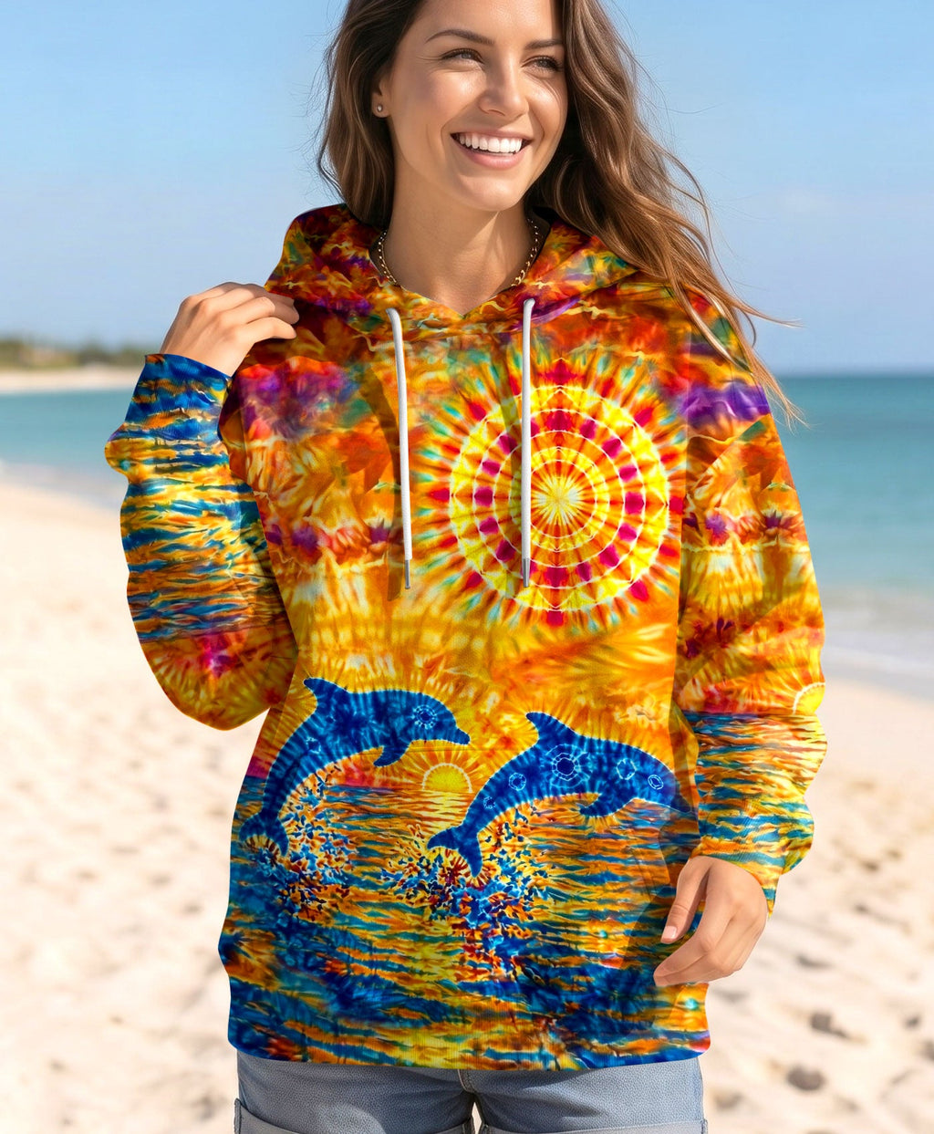 TWO DOLPHINS SUNSET WATERCOLOR PATTERN ALL OVER PRINT  - TLHN2304262