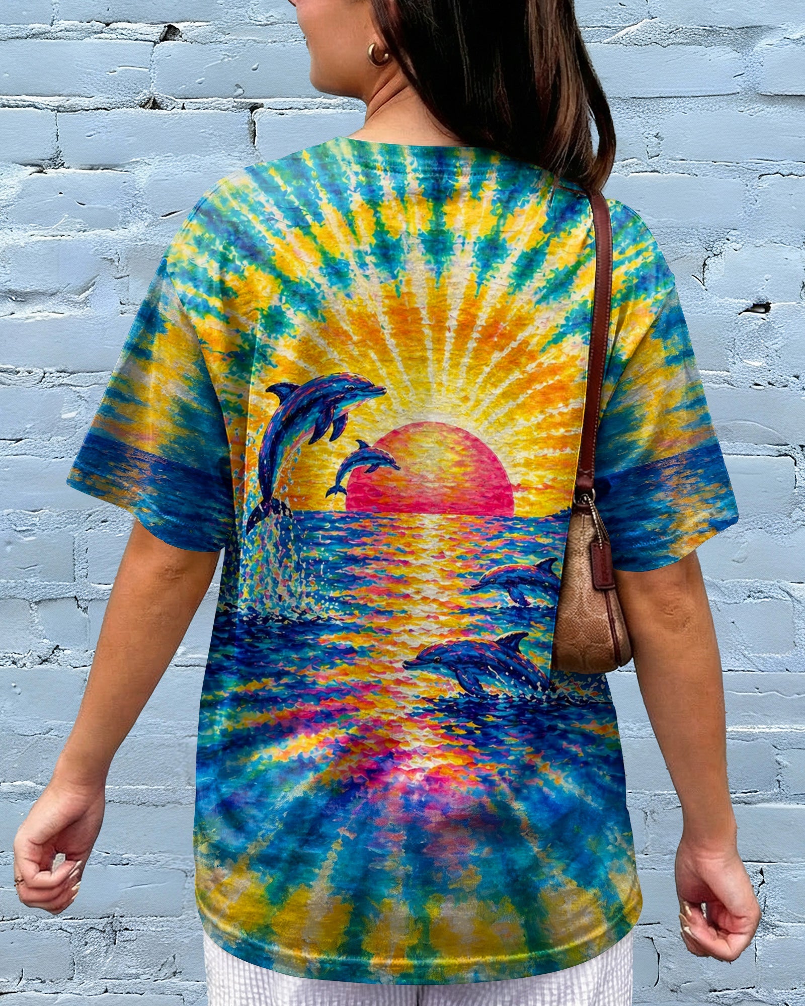 DOLPHINS JUMPING  SUNSET WATERCOLOR PATTERN ALL OVER PRINT - TLTW0505262