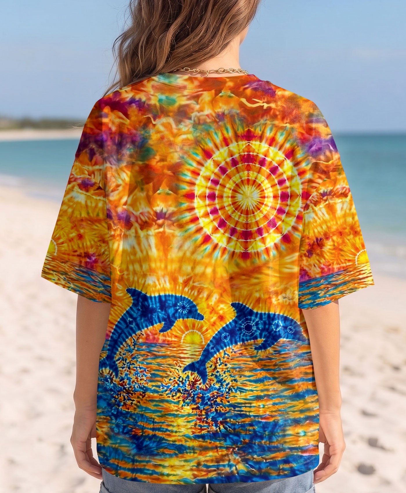 TWO DOLPHINS SUNSET WATERCOLOR PATTERN ALL OVER PRINT  - TLHN2304262