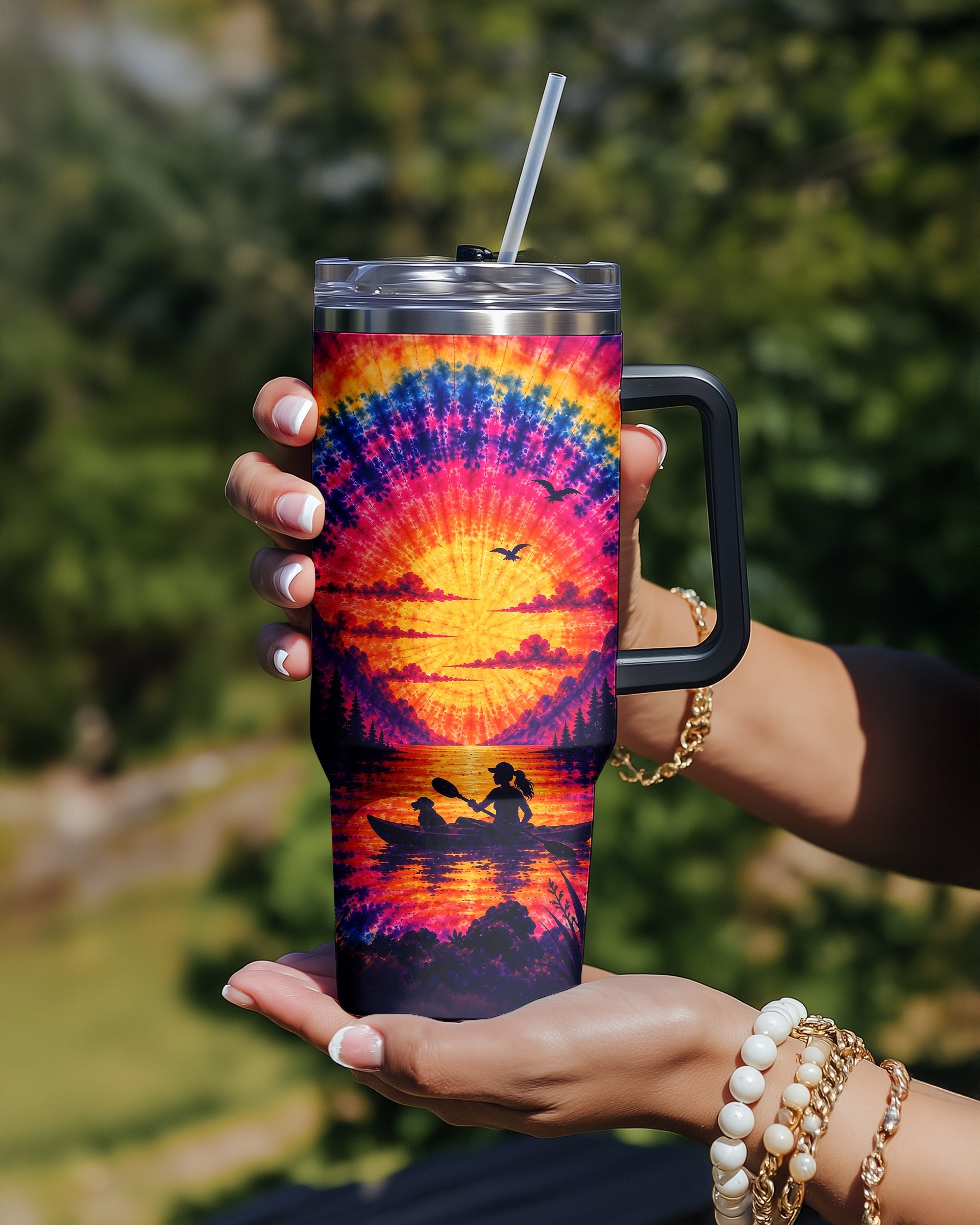 KAYAK LAKE DAY WITH DOG SUNSET TUMBLER - TLHG2406263