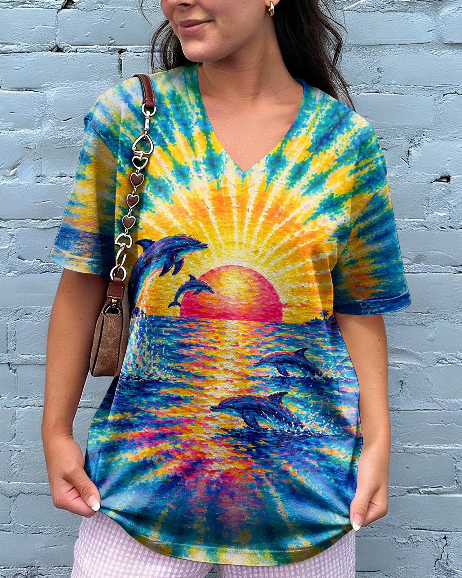 DOLPHINS JUMPING  SUNSET WATERCOLOR PATTERN ALL OVER PRINT - TLTW0505262