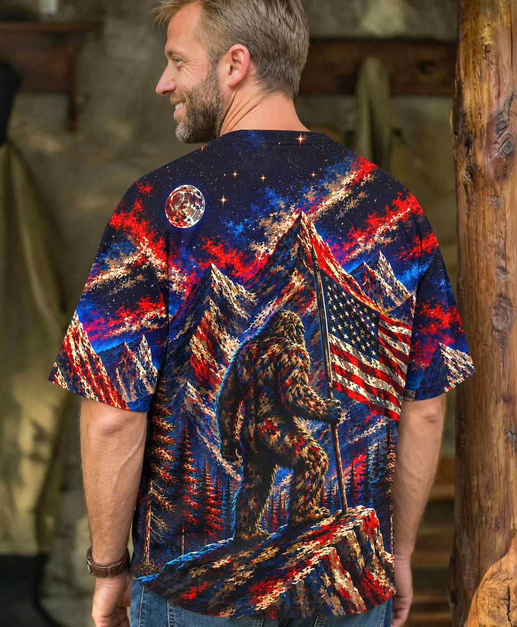 BIGFOOT IN THE FOREST  RED WHITE AND BLUE ALL OVER PRINT   - TLHN1905262
