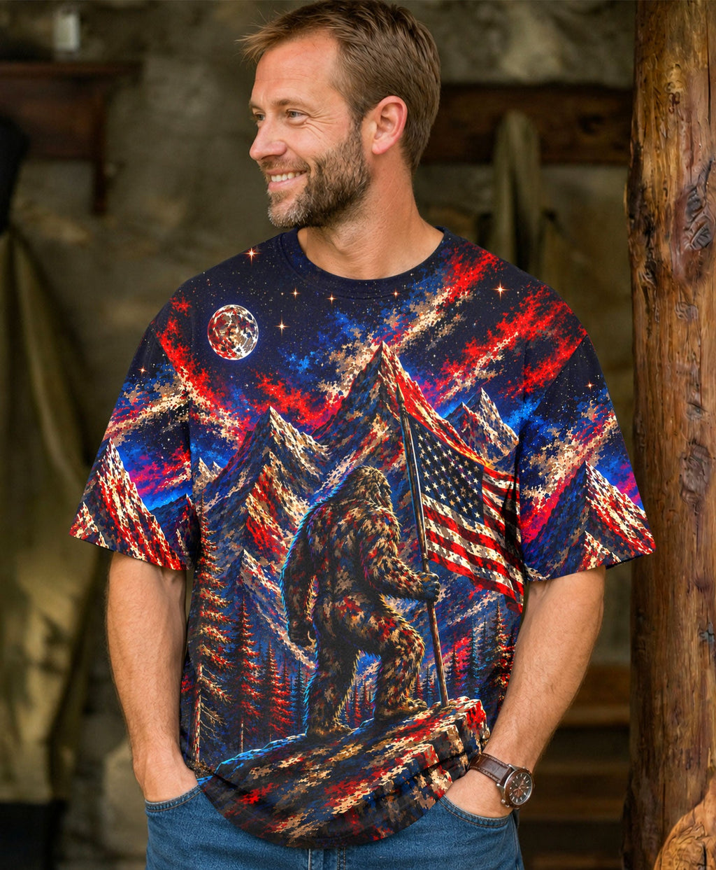 BIGFOOT IN THE FOREST  RED WHITE AND BLUE ALL OVER PRINT   - TLHN1905262