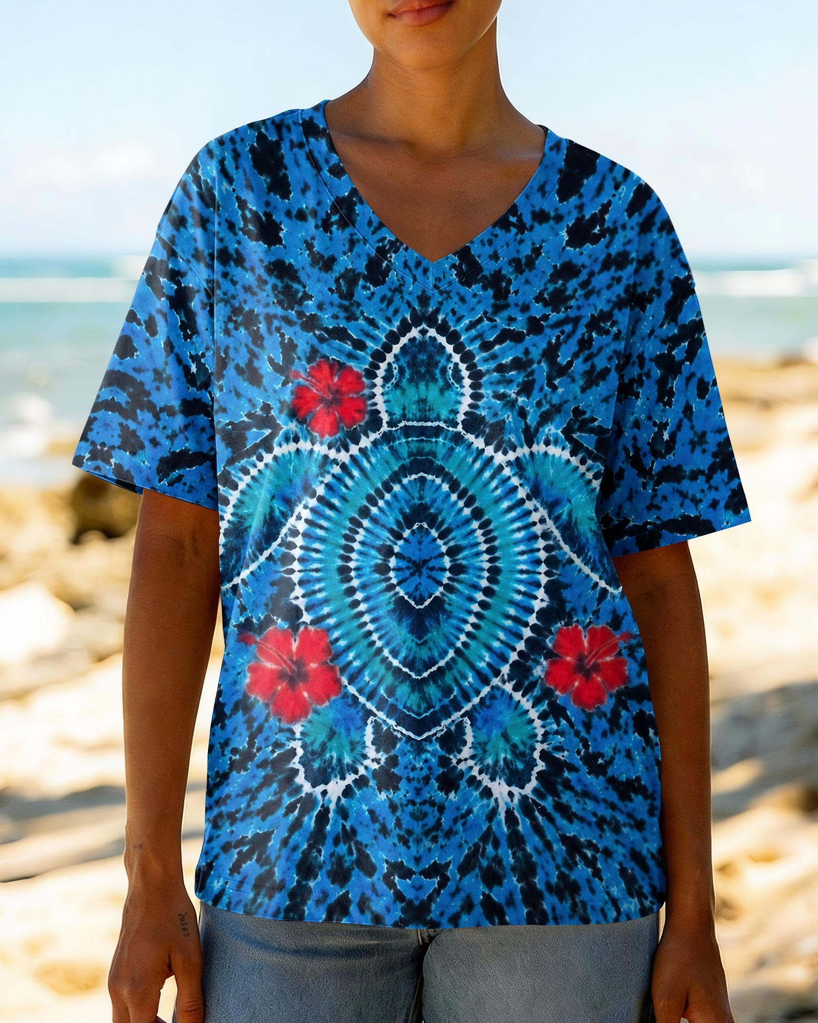 HIBISCUS FLOWERS AND SEA TURTLE BURST ALL OVER PRINT  - TLNT1407263