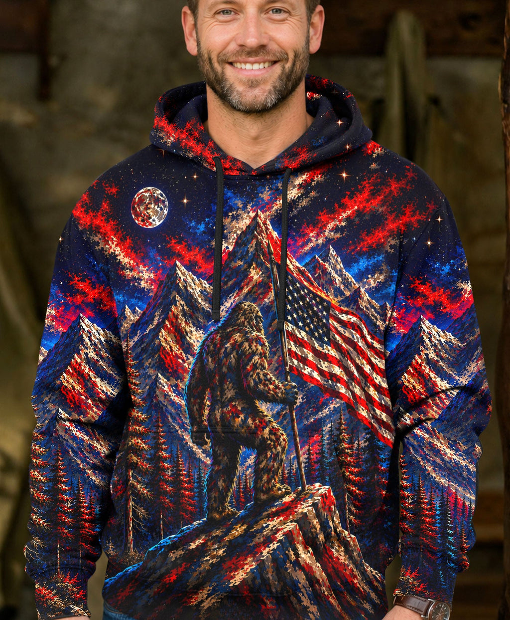 BIGFOOT IN THE FOREST  RED WHITE AND BLUE ALL OVER PRINT   - TLHN1905262