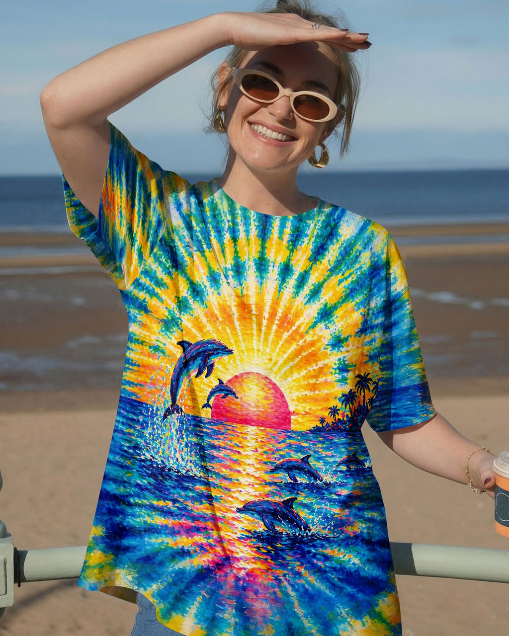 DOLPHINS JUMPING  SUNSET WATERCOLOR PATTERN ALL OVER PRINT - TLTW0505262