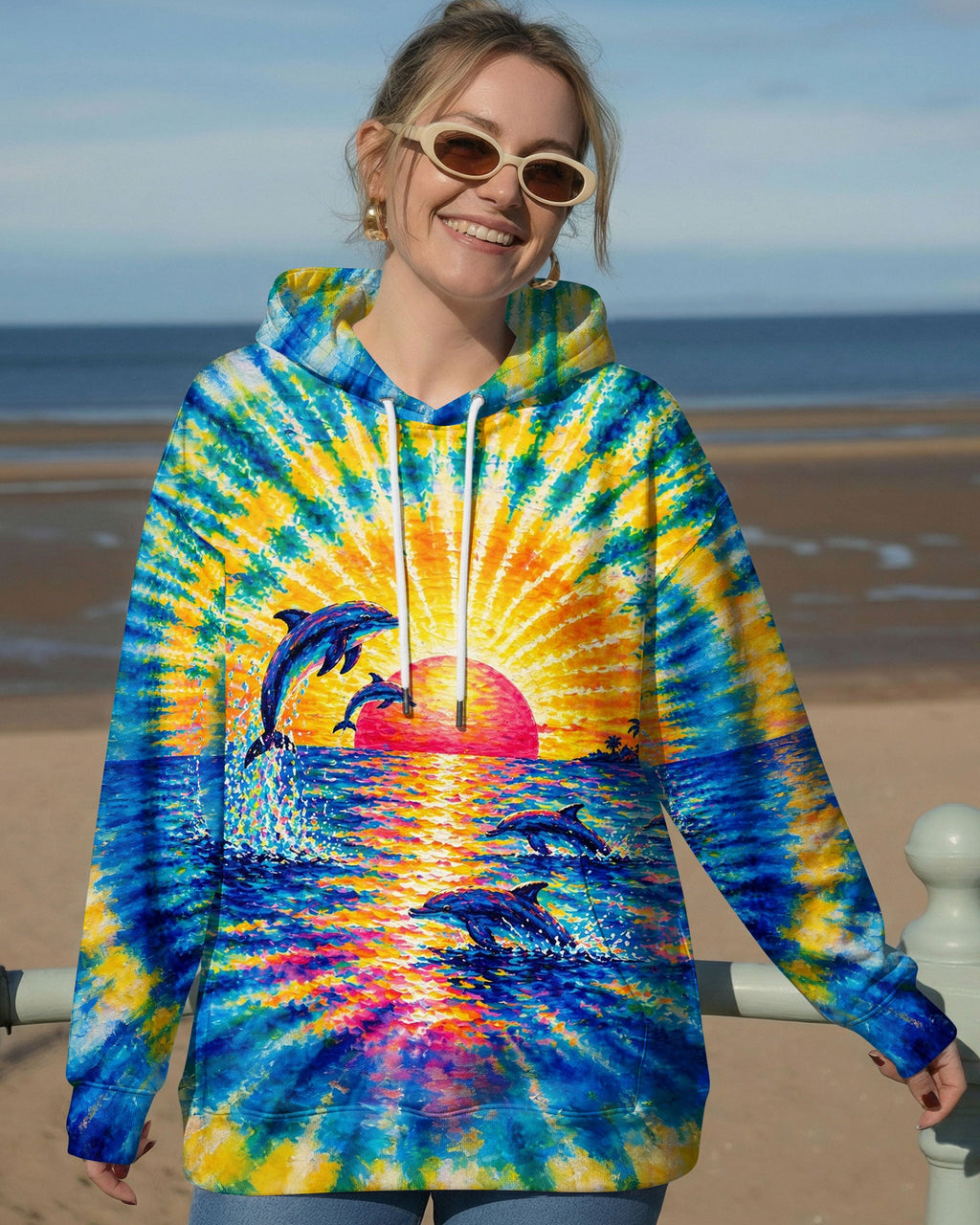 DOLPHINS JUMPING  SUNSET WATERCOLOR PATTERN ALL OVER PRINT - TLTW0505262