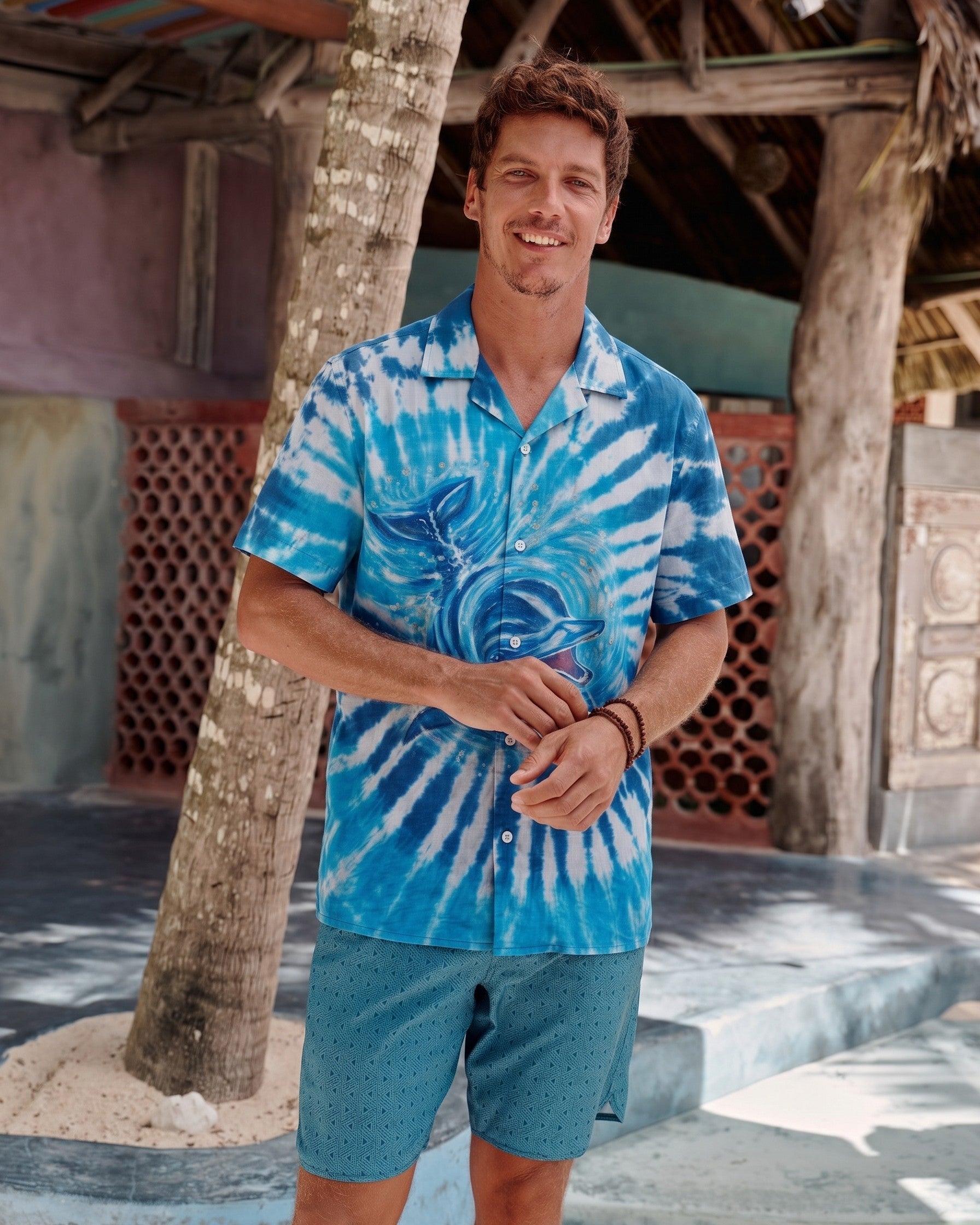VIBRANT BLUE VORTEX DOLPHIN CAMP SHIRT - RITD1806261