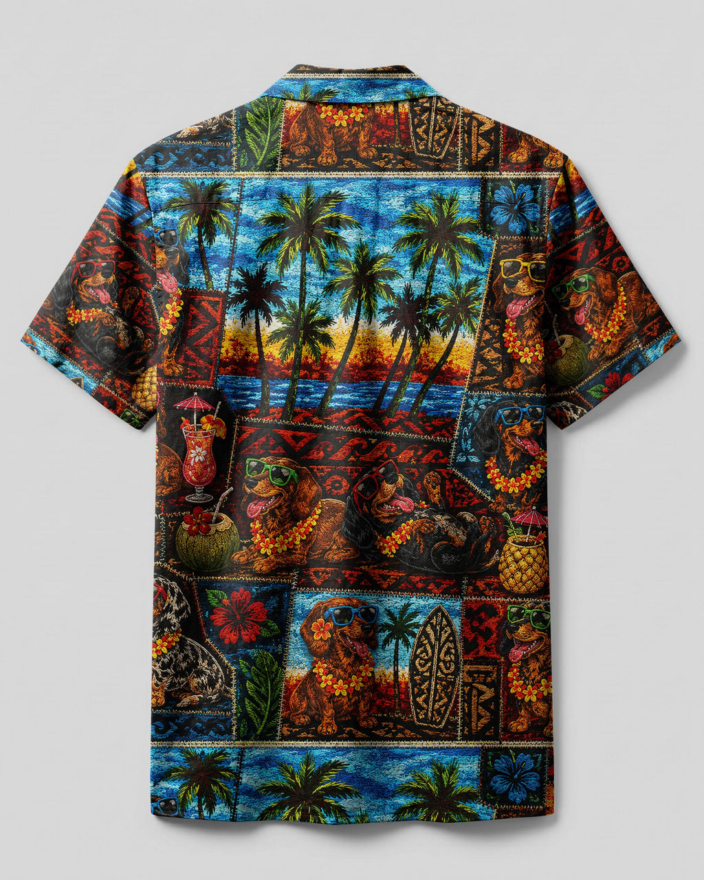 TROPICAL DACHSHUND DOG PATCHWORK CAMP SHIRT  - TLNT0807261
