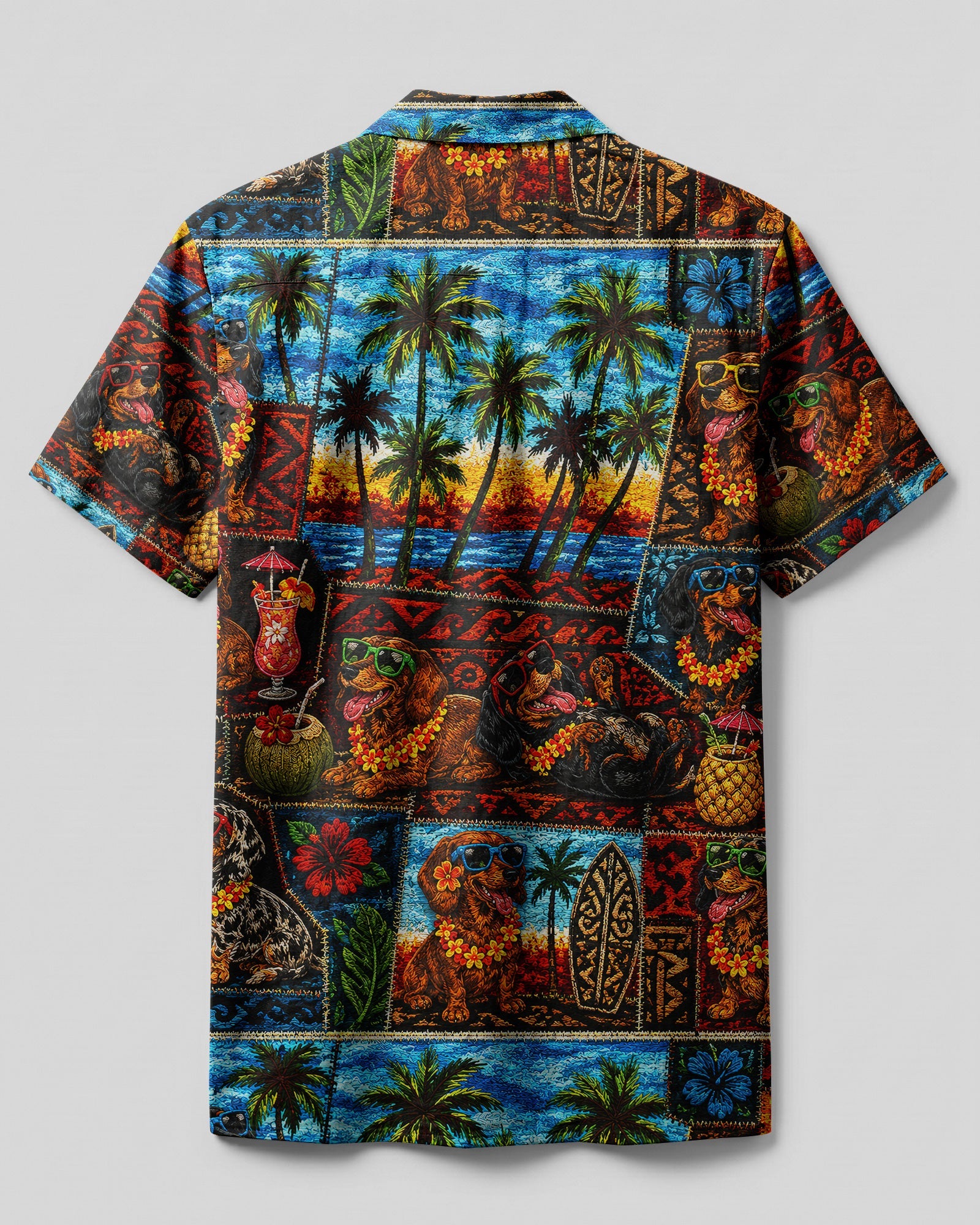 TROPICAL DACHSHUND DOG PATCHWORK CAMP SHIRT  - TLNT0807261