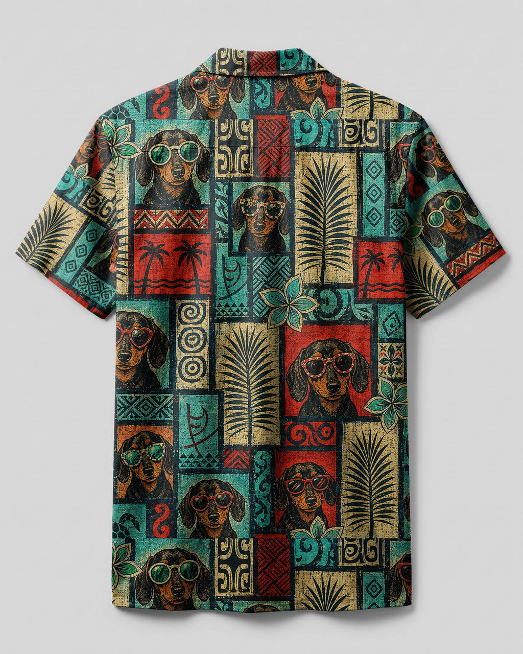 TRIBAL DACHSHUND DOG TROPICAL PATCHWORK CAMP SHIRT  - TLNT1507264