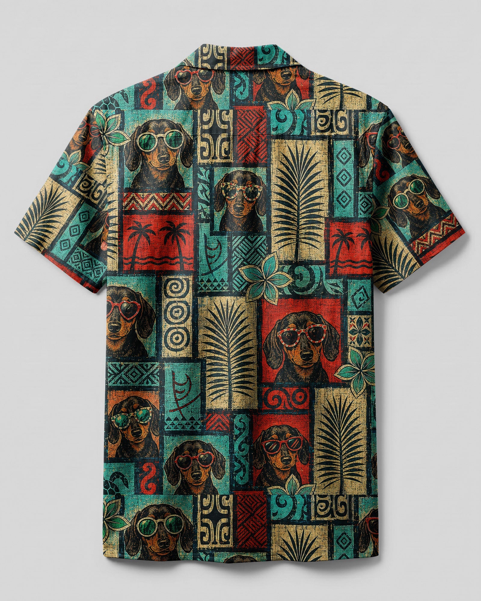 TRIBAL DACHSHUND DOG TROPICAL PATCHWORK CAMP SHIRT  - TLNT1507264