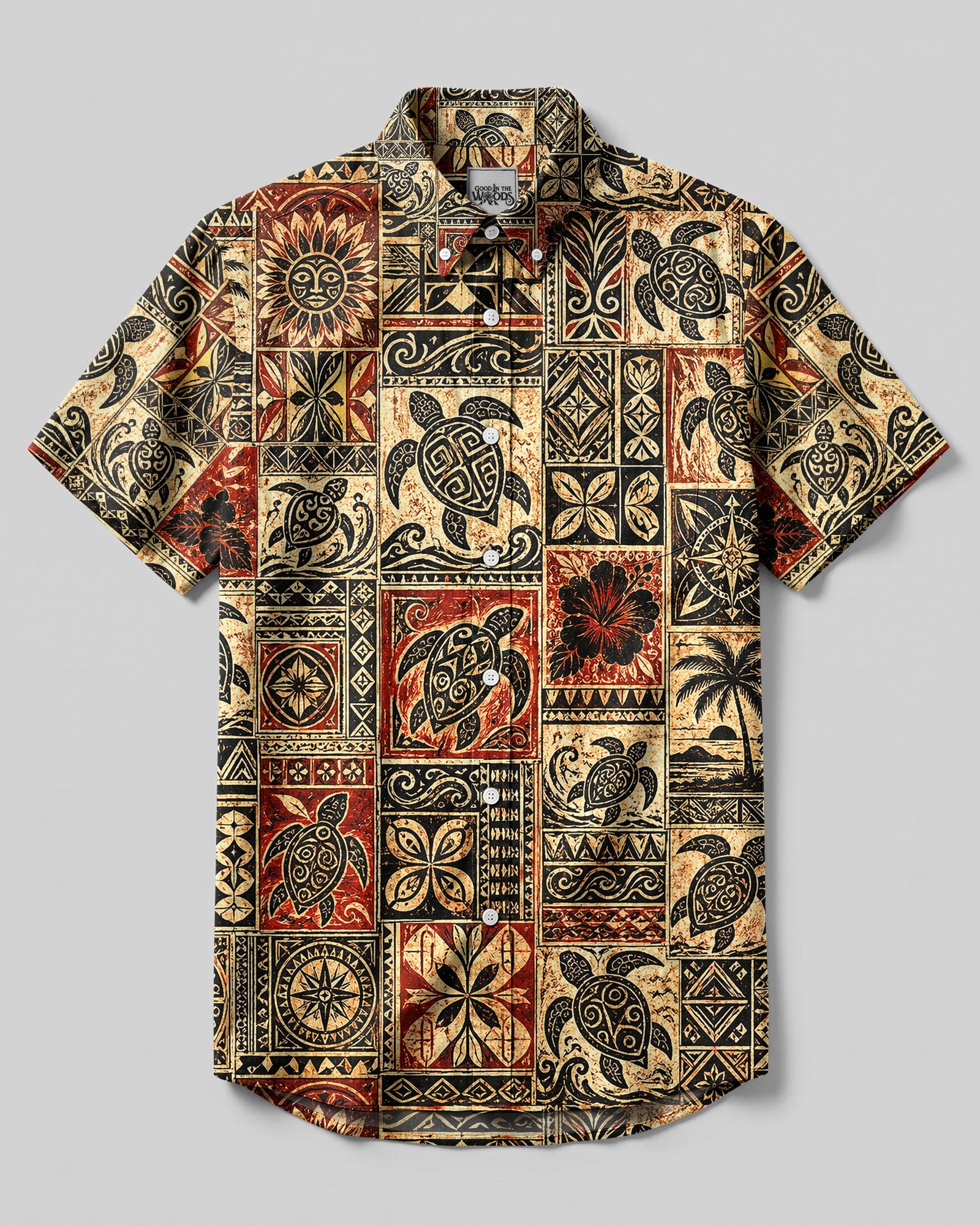 TRIBAL ISLAND TURTLE PATCHWORK BUTTON-DOWN COLLAR SHIRT - TLHG3006263