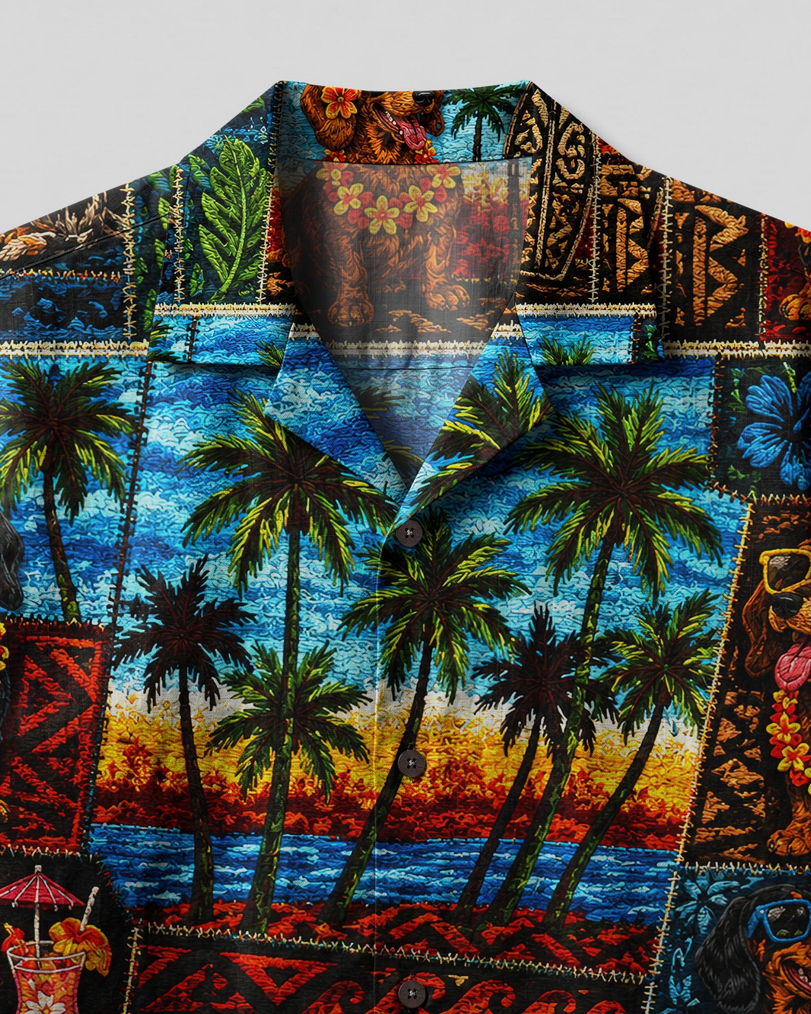 TROPICAL DACHSHUND DOG PATCHWORK CAMP SHIRT  - TLNT0807261