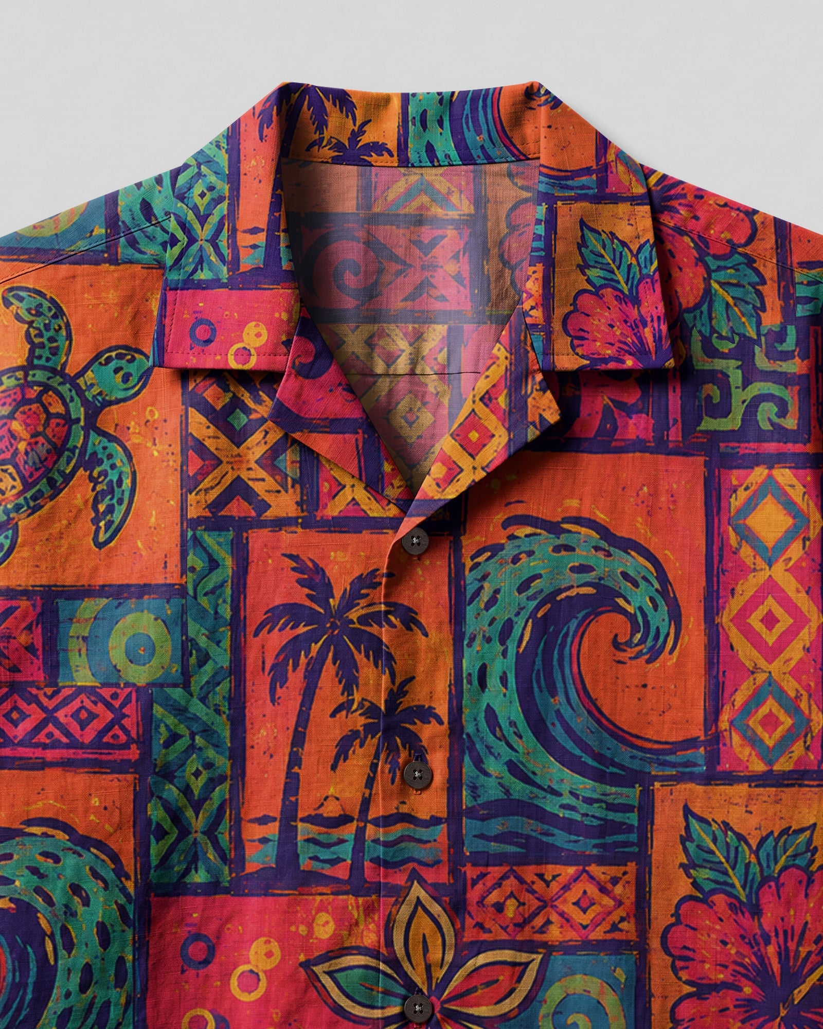 TROPICAL SEA TURTLE AND WAVES PATCHWORK CAMP SHIRT - TLHN1607262