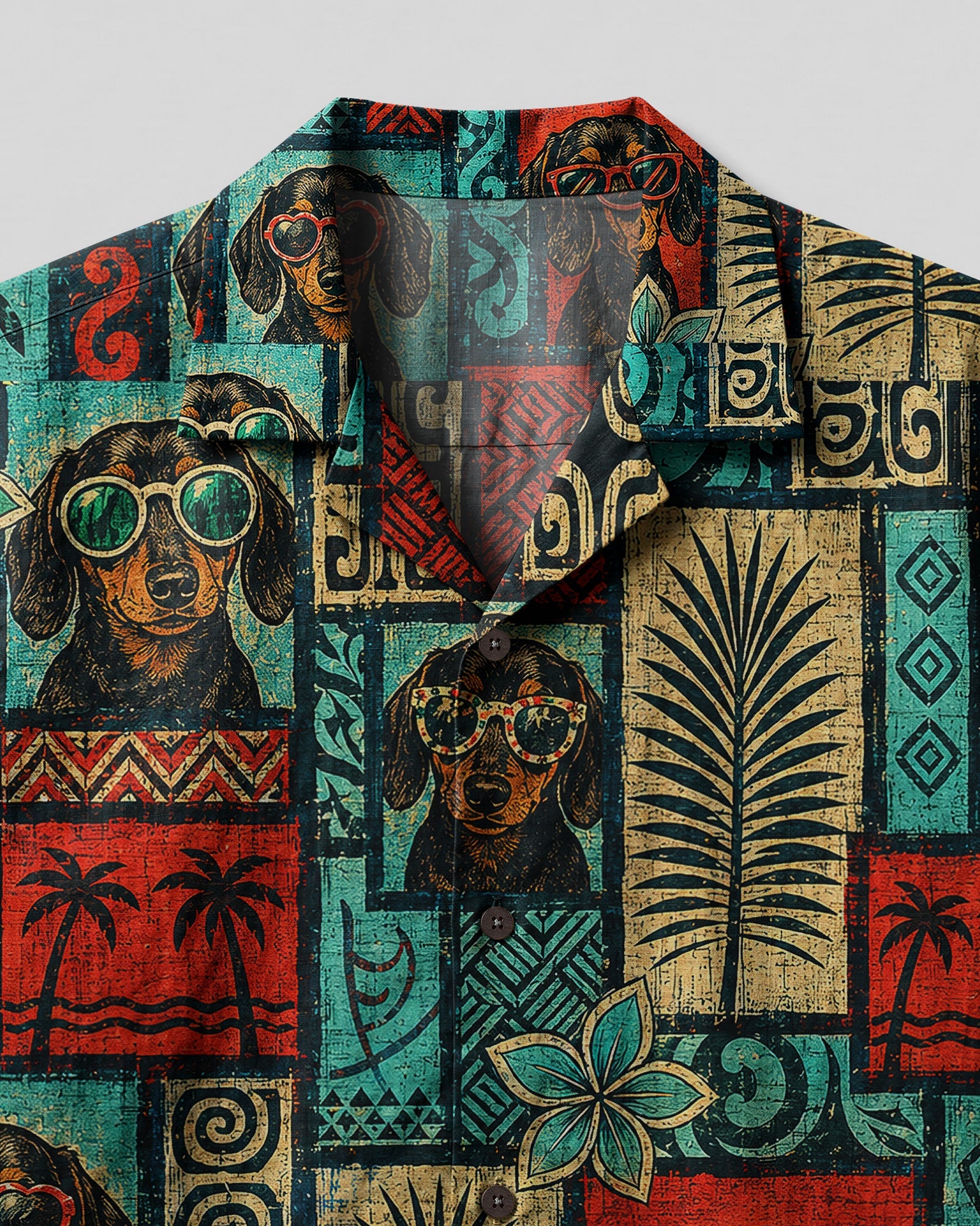TRIBAL DACHSHUND DOG TROPICAL PATCHWORK CAMP SHIRT  - TLNT1507264