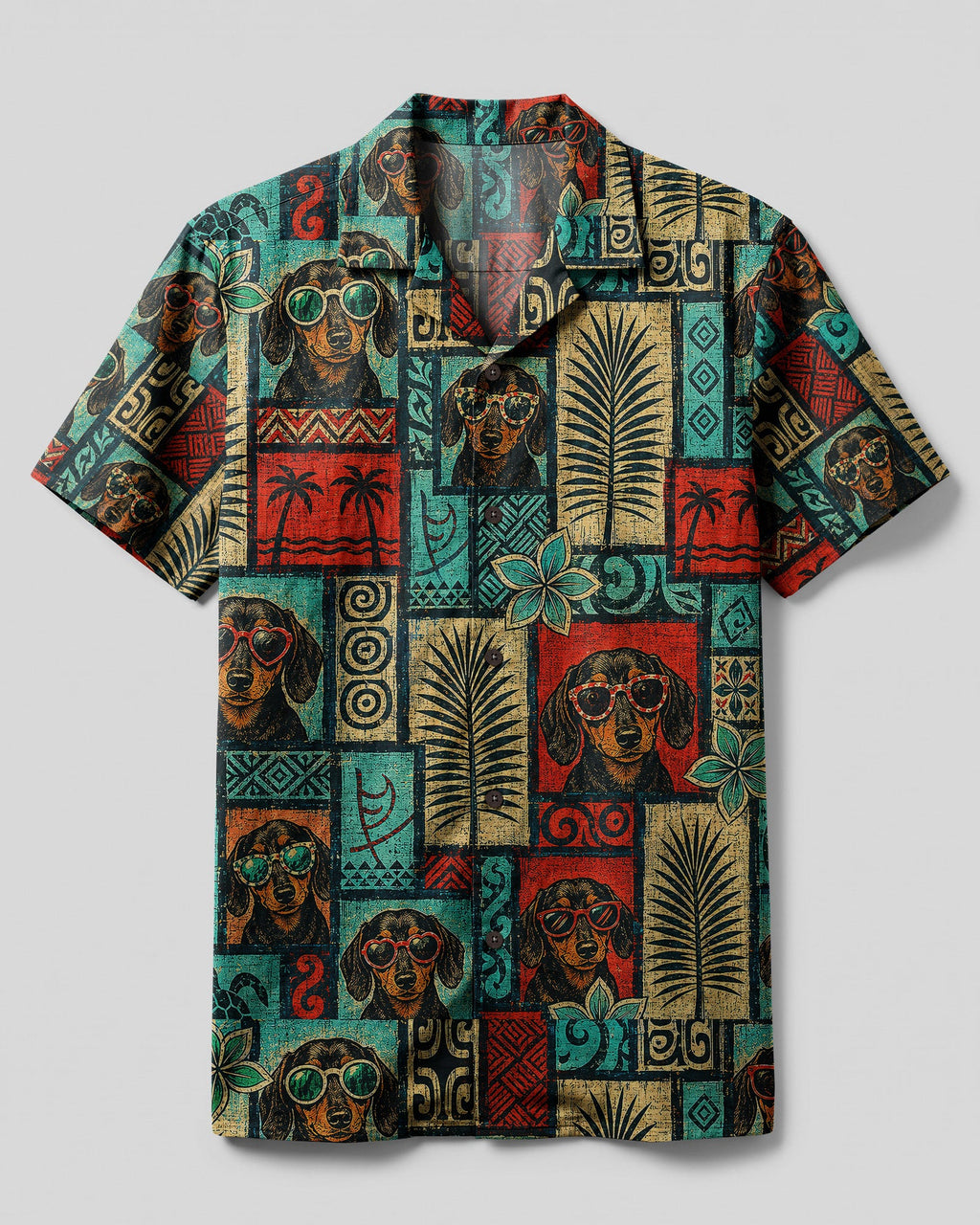 TRIBAL DACHSHUND DOG TROPICAL PATCHWORK CAMP SHIRT  - TLNT1507264