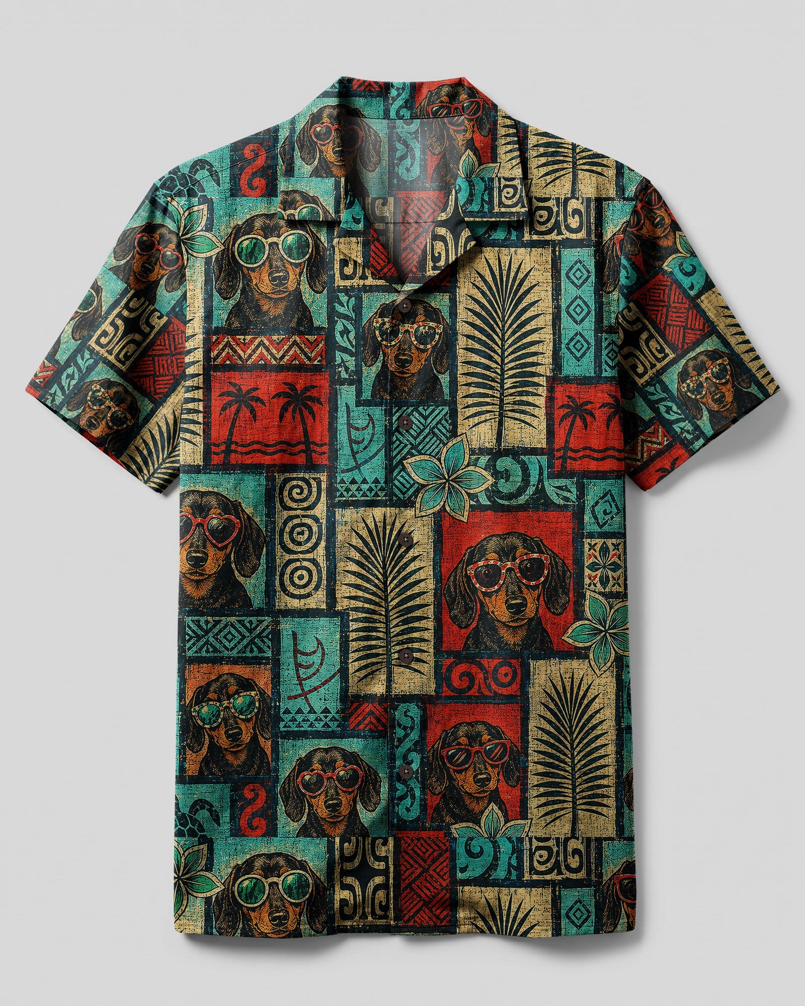 TRIBAL DACHSHUND DOG TROPICAL PATCHWORK CAMP SHIRT  - TLNT1507264