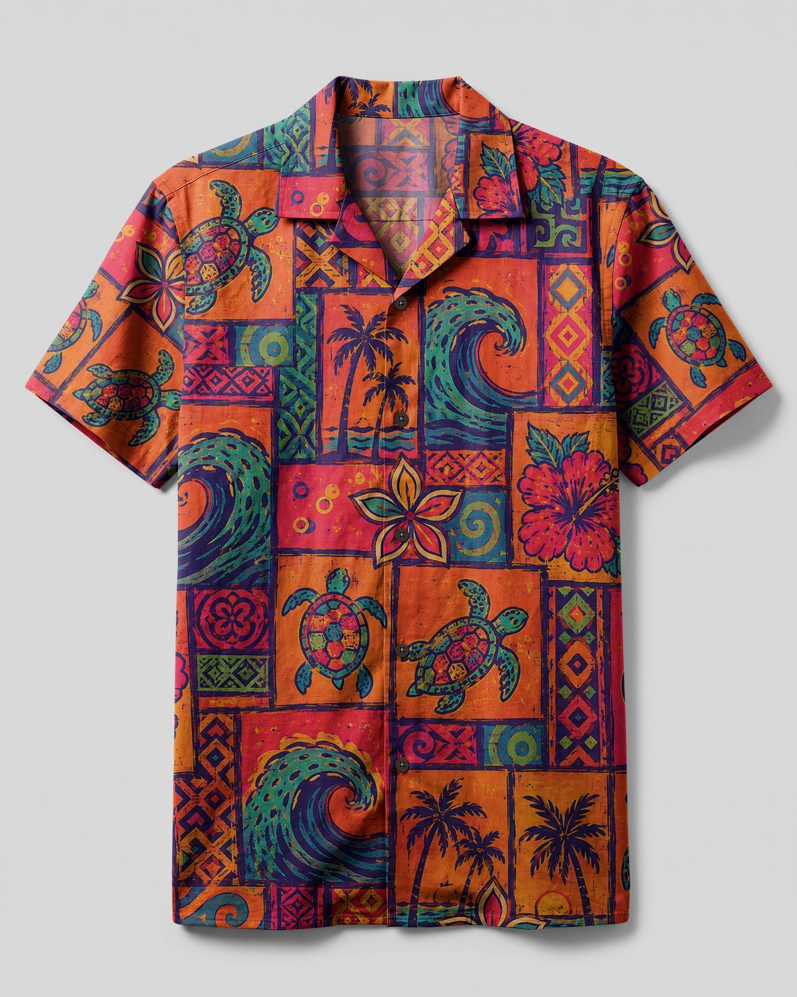 TROPICAL SEA TURTLE AND WAVES PATCHWORK CAMP SHIRT - TLHN1607262