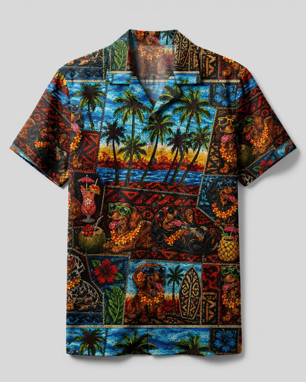 TROPICAL DACHSHUND DOG PATCHWORK CAMP SHIRT  - TLNT0807261