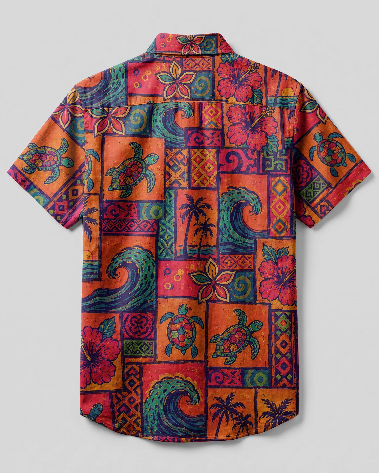 TROPICAL SEA TURTLE AND WAVES PATCHWORK BUTTON-DOWN COLLAR SHIRT - TLHN1607263