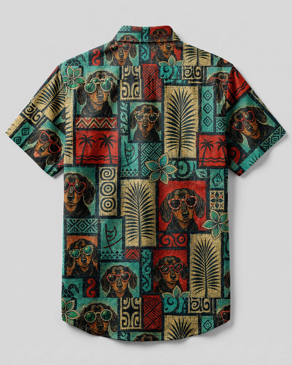 TRIBAL DACHSHUND DOG TROPICAL PATCHWORK BUTTON-DOWN COLLAR SHIRT  - TLNT1507263