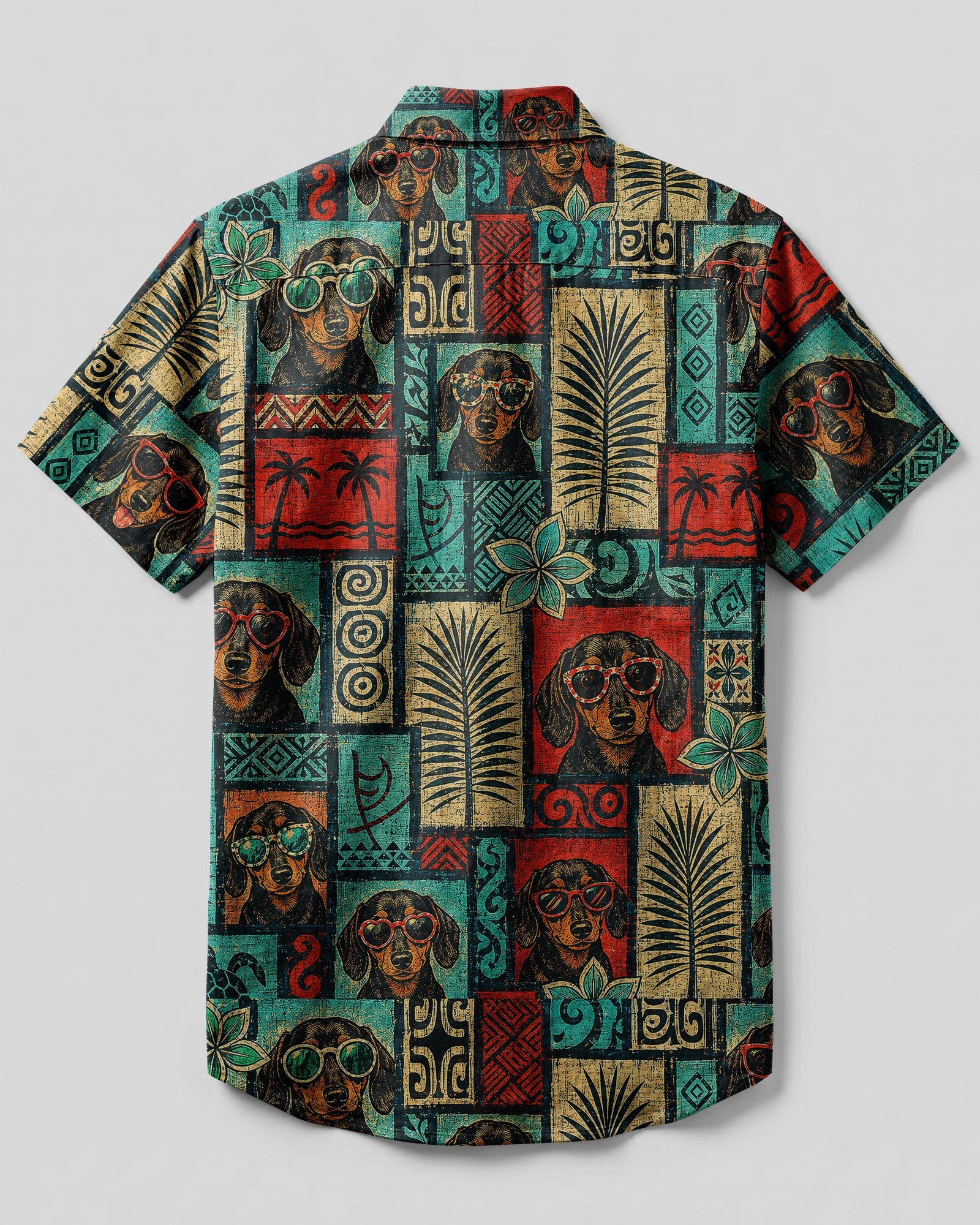 TRIBAL DACHSHUND DOG TROPICAL PATCHWORK BUTTON-DOWN COLLAR SHIRT  - TLNT1507263