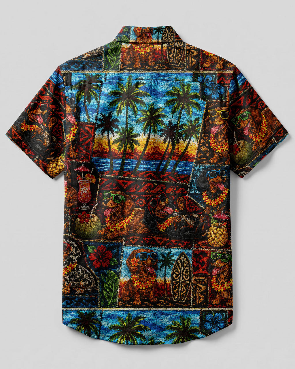 TROPICAL DACHSHUND DOG PATCHWORK BUTTON-DOWN COLLAR SHIRT  - TLNT0807262