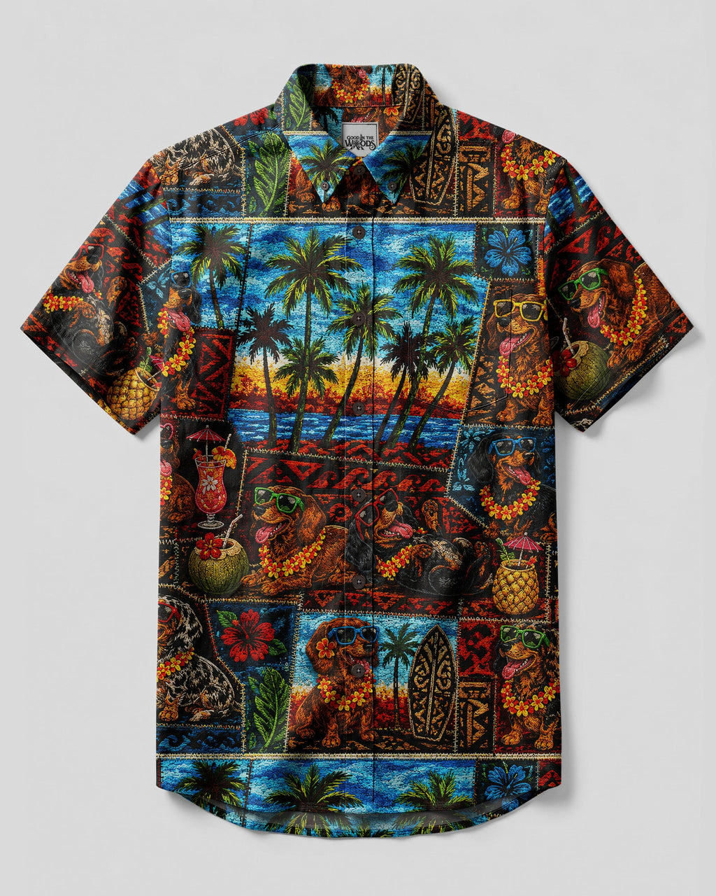 TROPICAL DACHSHUND DOG PATCHWORK BUTTON-DOWN COLLAR SHIRT  - TLNT0807262