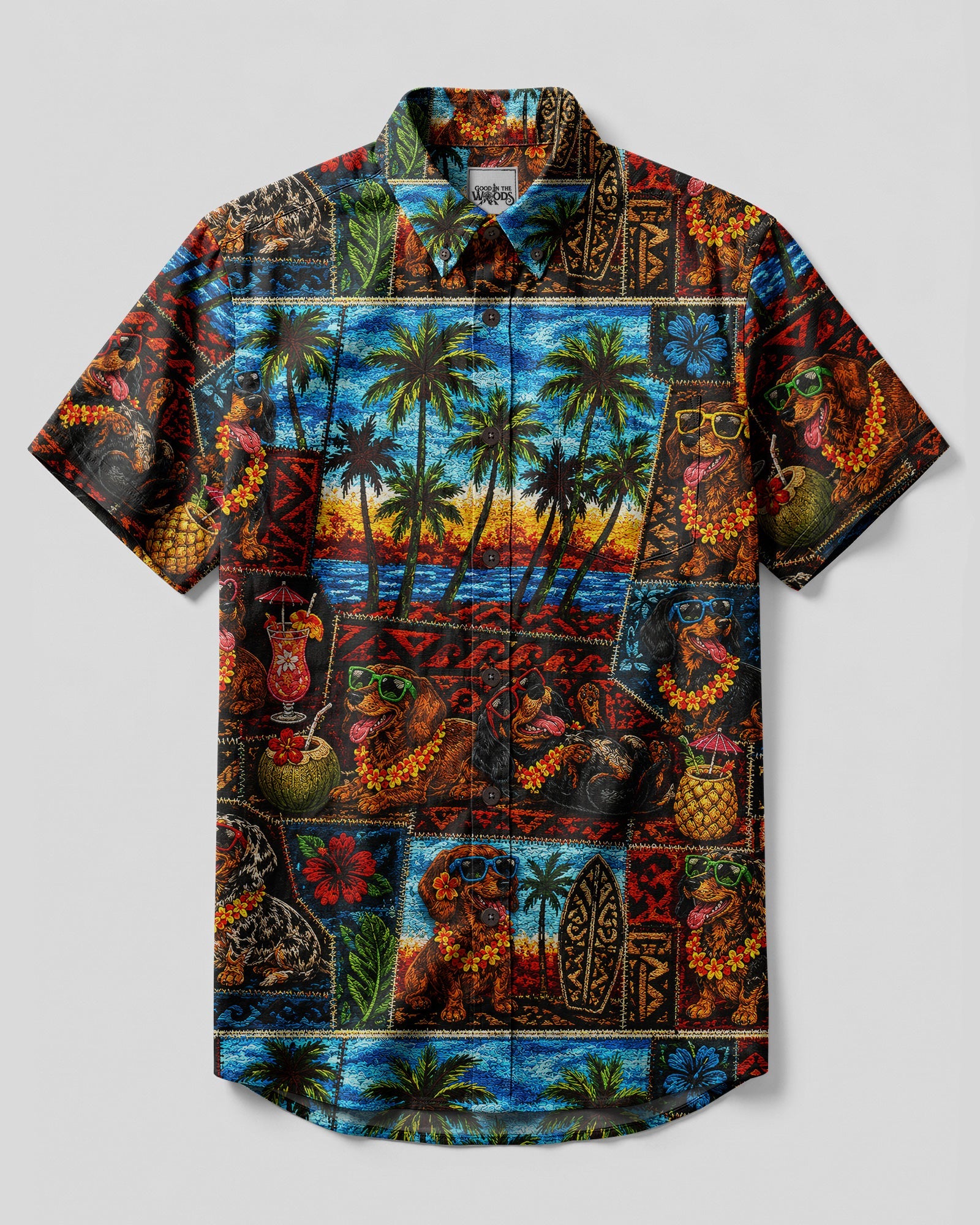 TROPICAL DACHSHUND DOG PATCHWORK BUTTON-DOWN COLLAR SHIRT  - TLNT0807262