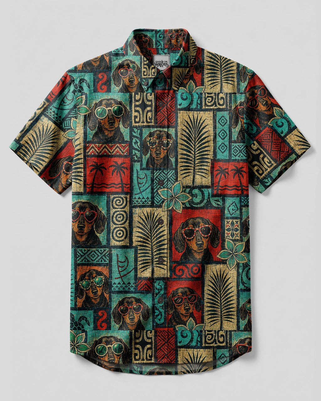 TRIBAL DACHSHUND DOG TROPICAL PATCHWORK BUTTON-DOWN COLLAR SHIRT  - TLNT1507263