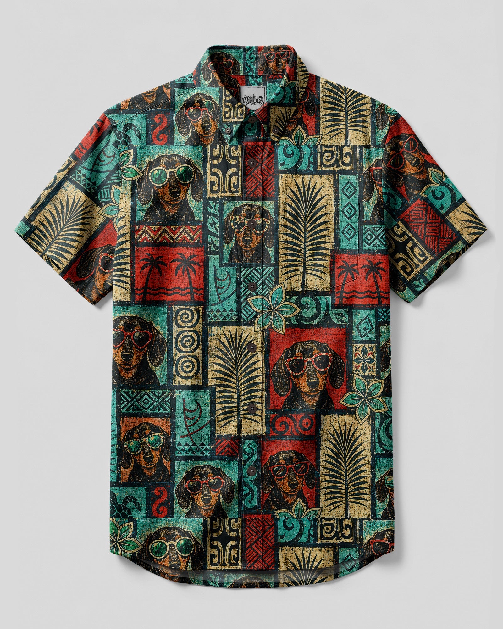 TRIBAL DACHSHUND DOG TROPICAL PATCHWORK BUTTON-DOWN COLLAR SHIRT  - TLNT1507263