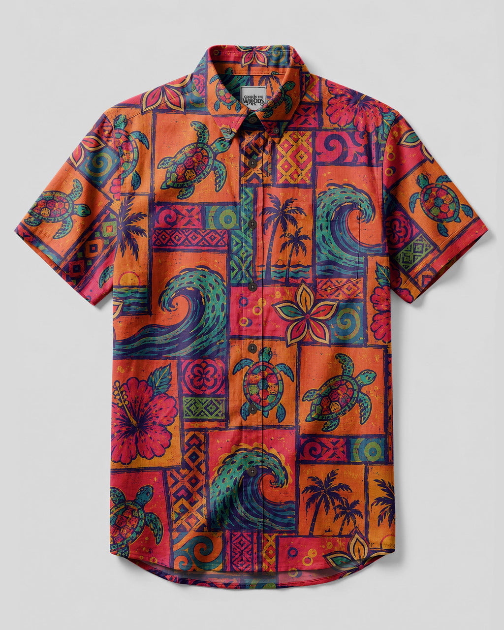 TROPICAL SEA TURTLE AND WAVES PATCHWORK BUTTON-DOWN COLLAR SHIRT - TLHN1607263