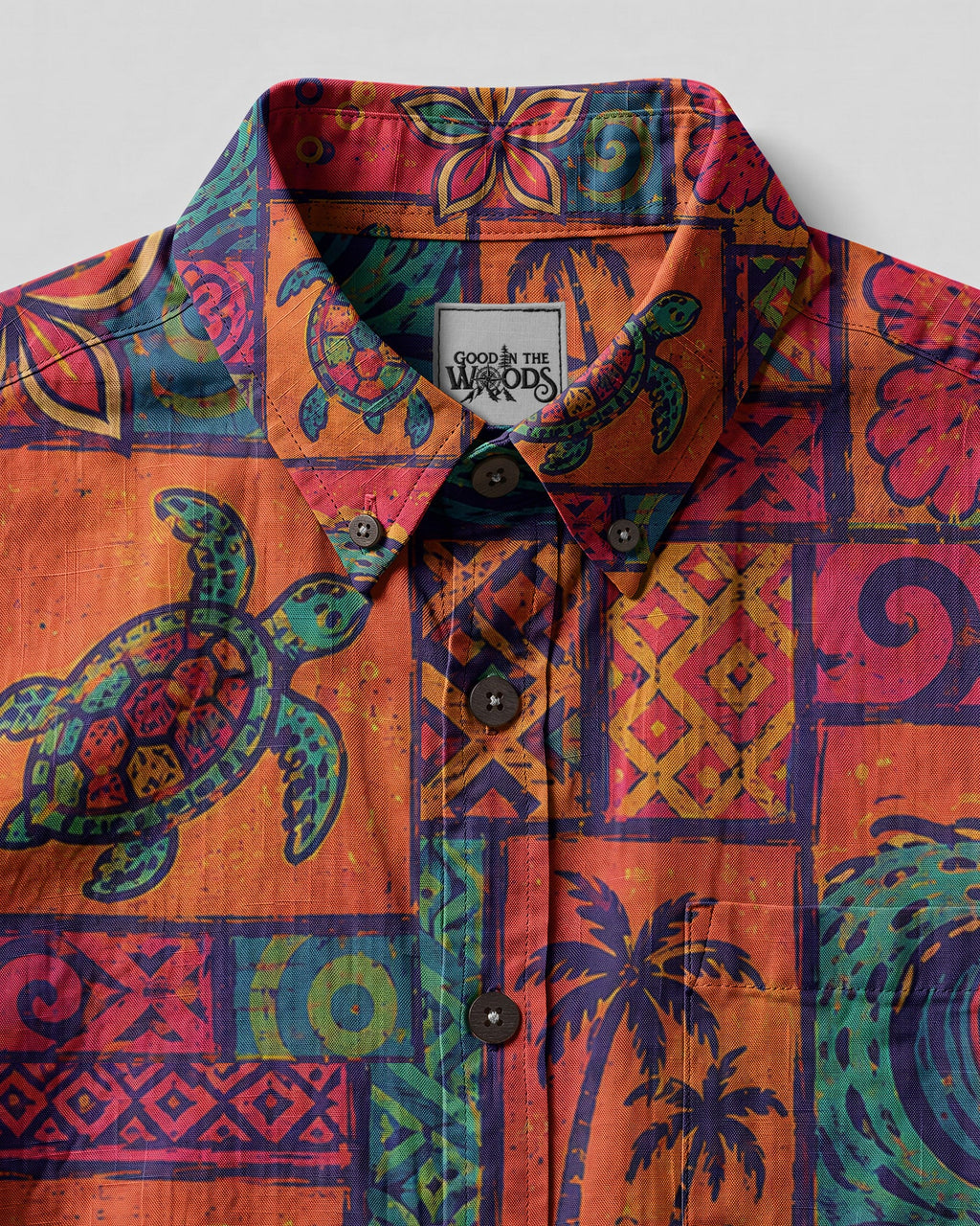 TROPICAL SEA TURTLE AND WAVES PATCHWORK BUTTON-DOWN COLLAR SHIRT - TLHN1607263