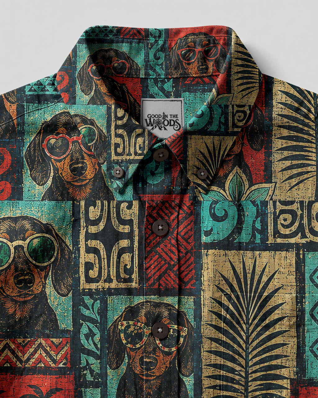 TRIBAL DACHSHUND DOG TROPICAL PATCHWORK BUTTON-DOWN COLLAR SHIRT  - TLNT1507263