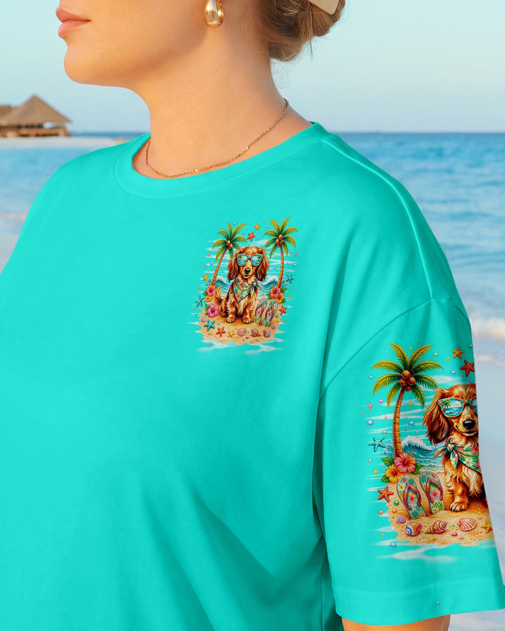 SANDY PAWS AND SALTY KISSES LONG-HAIRED DACHSHUND DOG ALL OVER PRINT  - TLNO0206261
