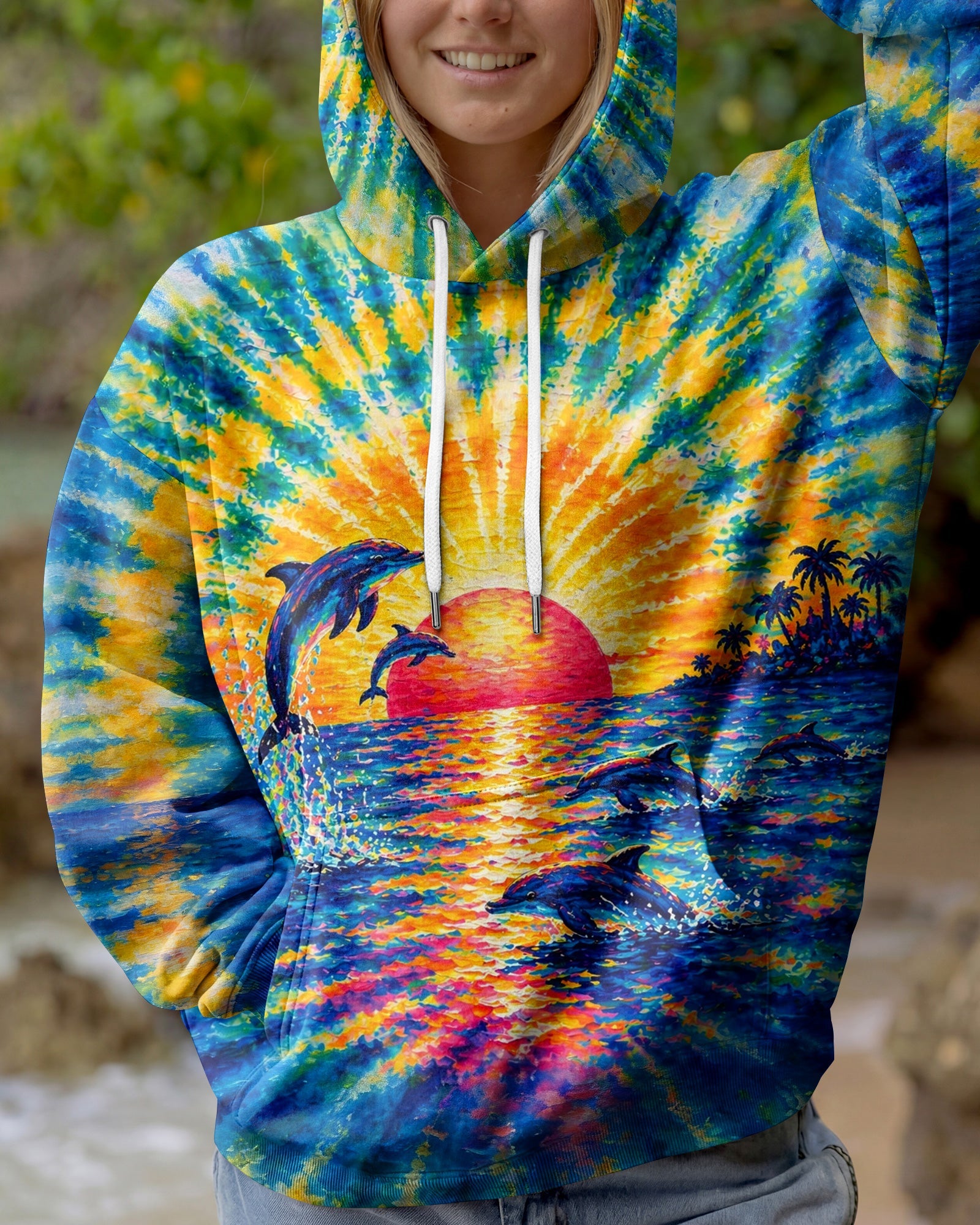 DOLPHINS JUMPING  SUNSET WATERCOLOR PATTERN ALL OVER PRINT - TLTW0505262