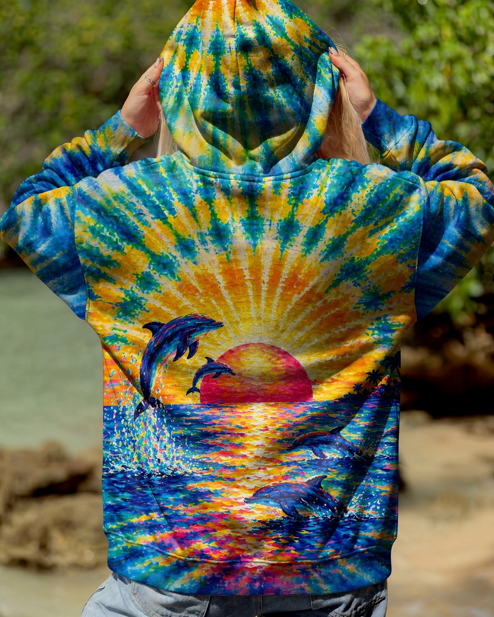 DOLPHINS JUMPING  SUNSET WATERCOLOR PATTERN ALL OVER PRINT - TLTW0505262