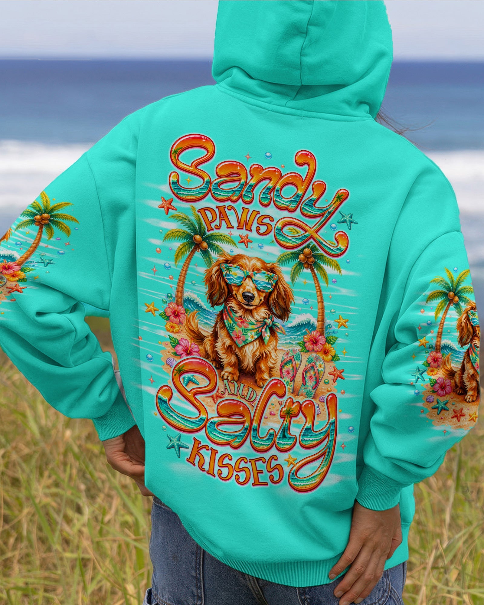 SANDY PAWS AND SALTY KISSES LONG-HAIRED DACHSHUND DOG ALL OVER PRINT  - TLNO0206261
